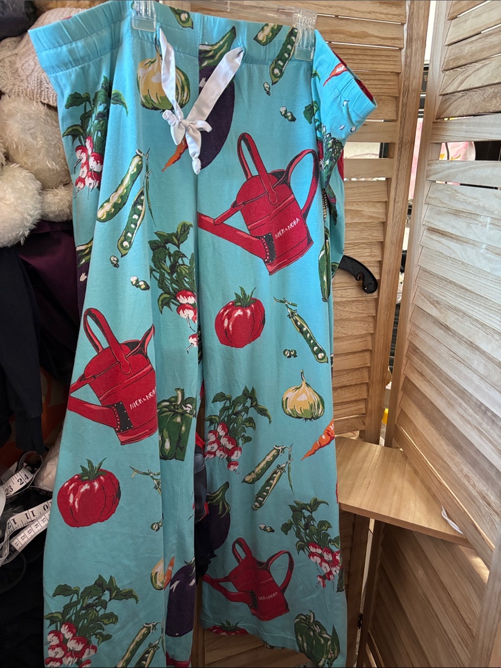 Nick & Nora Aqua Lounge Slacks with Red Watering-Can Print XXL